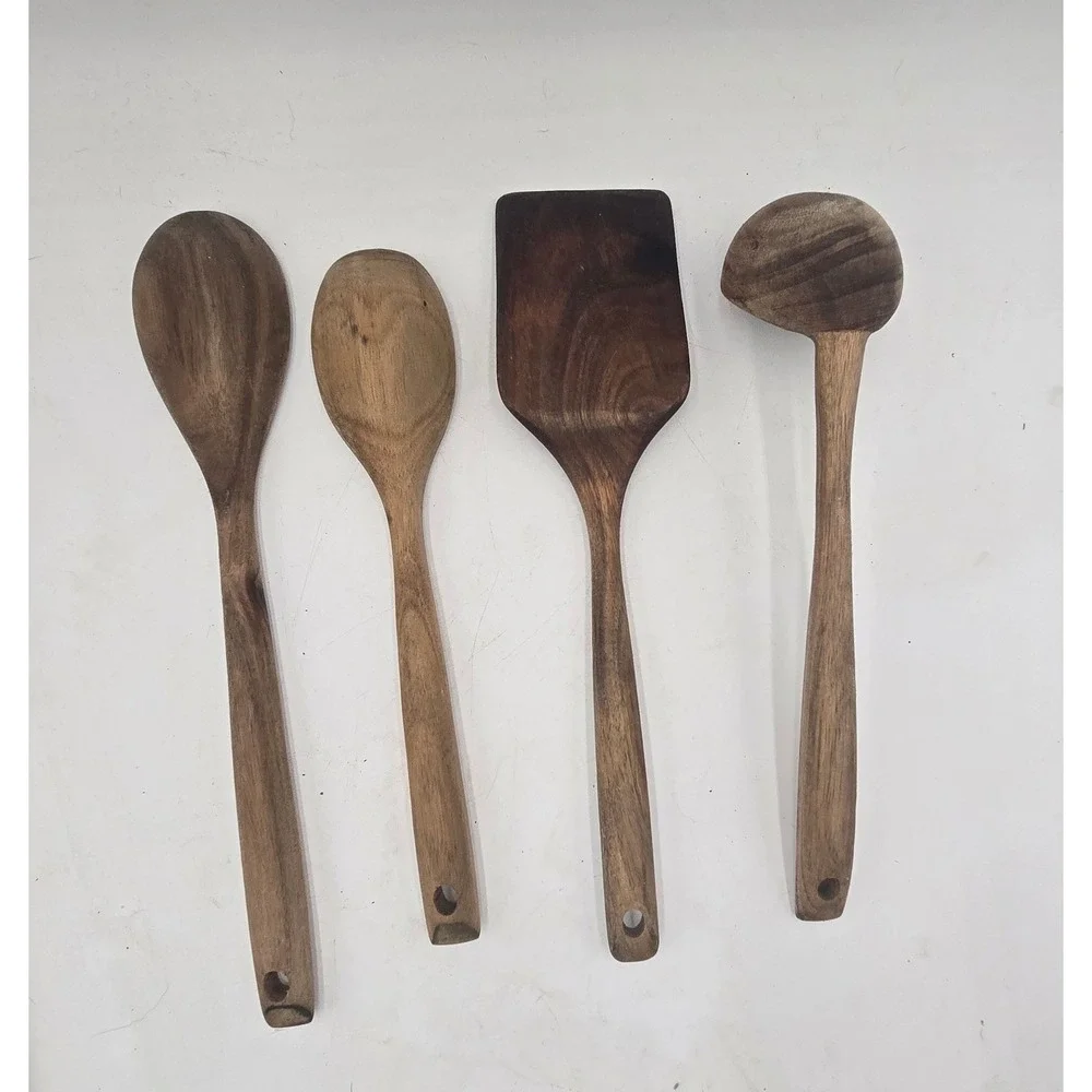 Our Table 4 Piece Acacia Wood Kitchen Utensil Set Spatula Spoon Ladle Brown